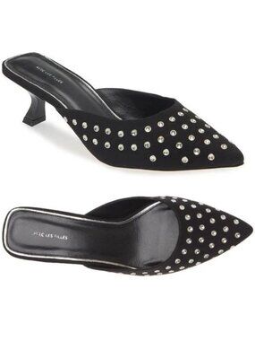 Avec Les Filles Kitten Heel Pointed Toe Mule Pumps 8 Black Suede Studs NEW
